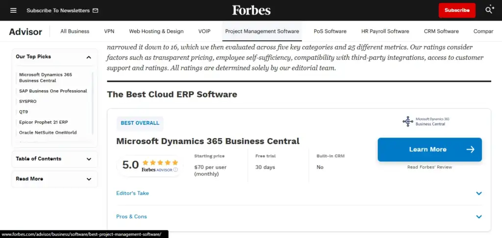 Forbes Advisor best cloud ERP 2025